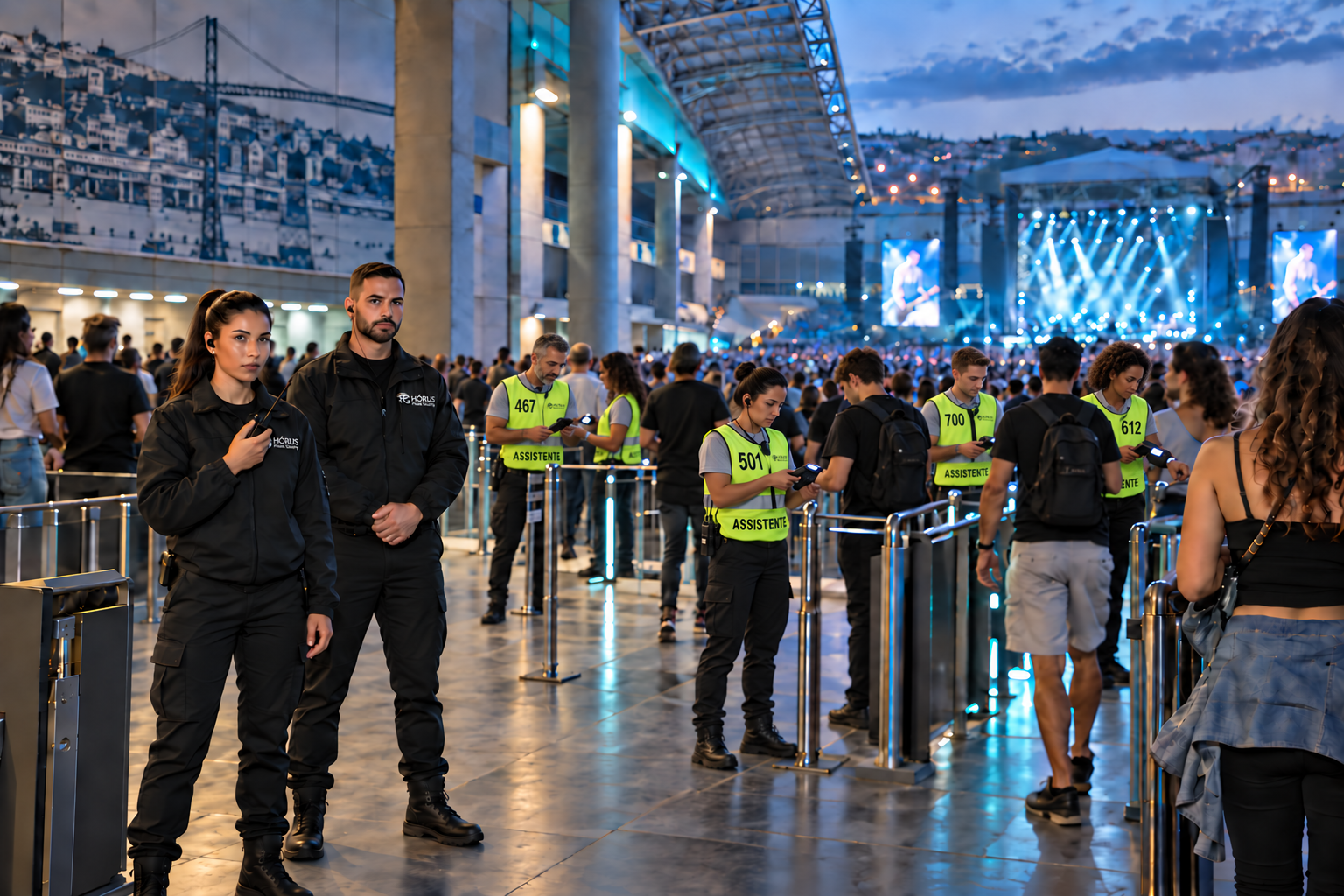 Equipa HÓRUS e um grupo diversificado de assistentes de recinto durante o controlo de acessos a um grande evento musical