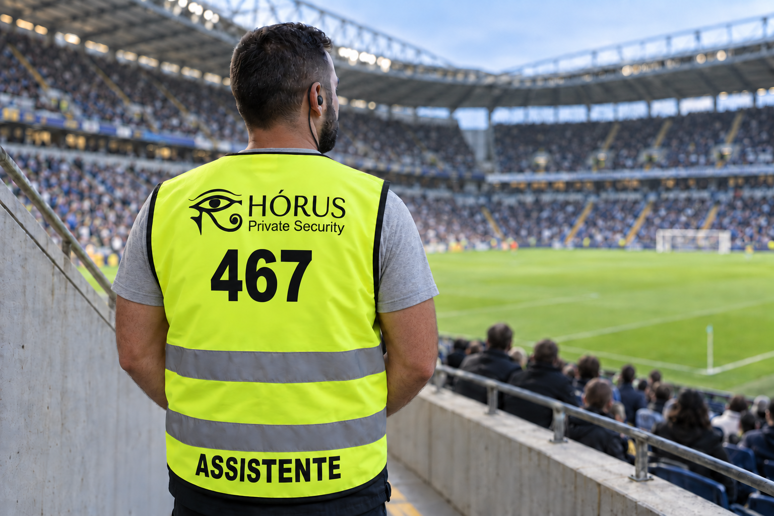 Assistente de recinto desportivo com colete HÓRUS e auricular de rádio num estádio de futebol